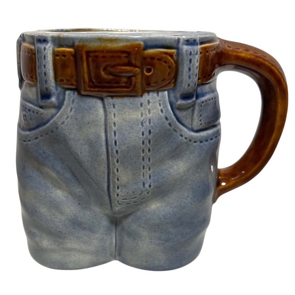Jeans Shaped Mug Planter Belt Handle 1977 By RON Molds Blue & Brown Vintage